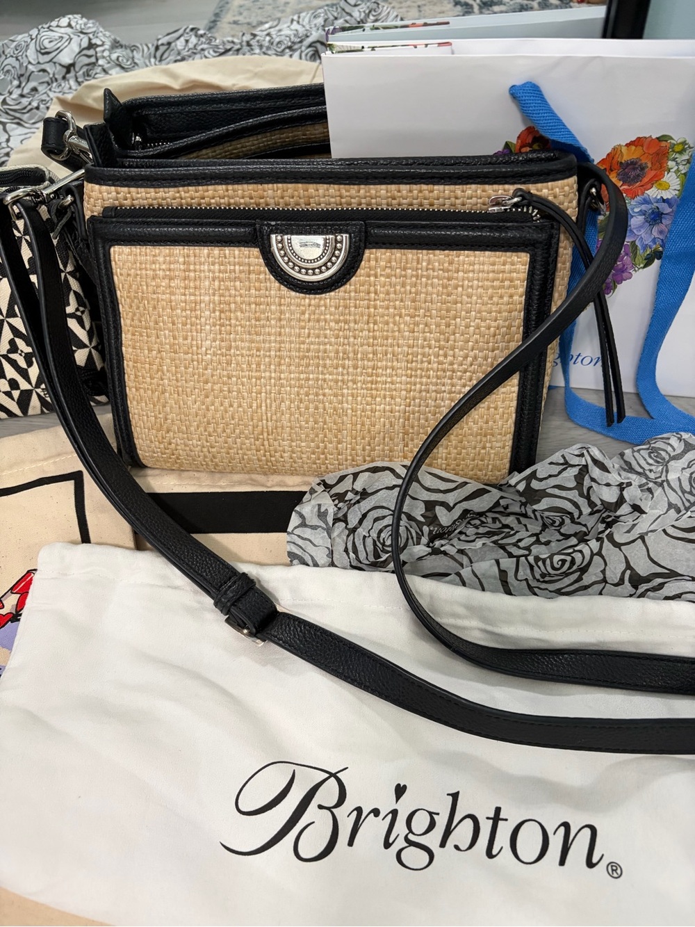Brighton Natural Woven Crossbody with Black Trim